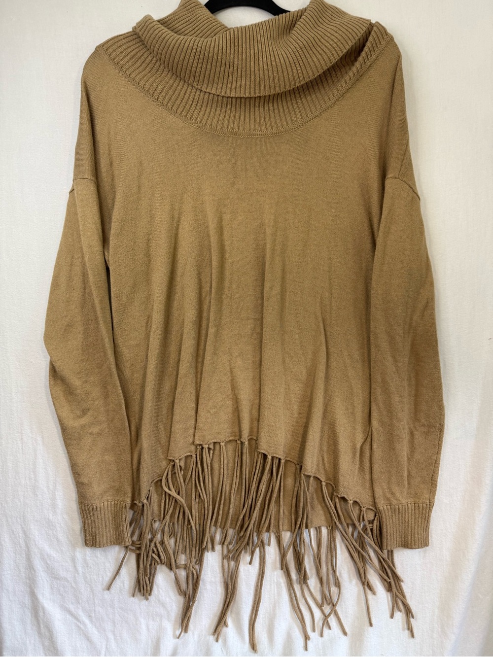 Michael Kors Fringe Hem Cowl Neck Sweater Oversized Fit - Camel Size S